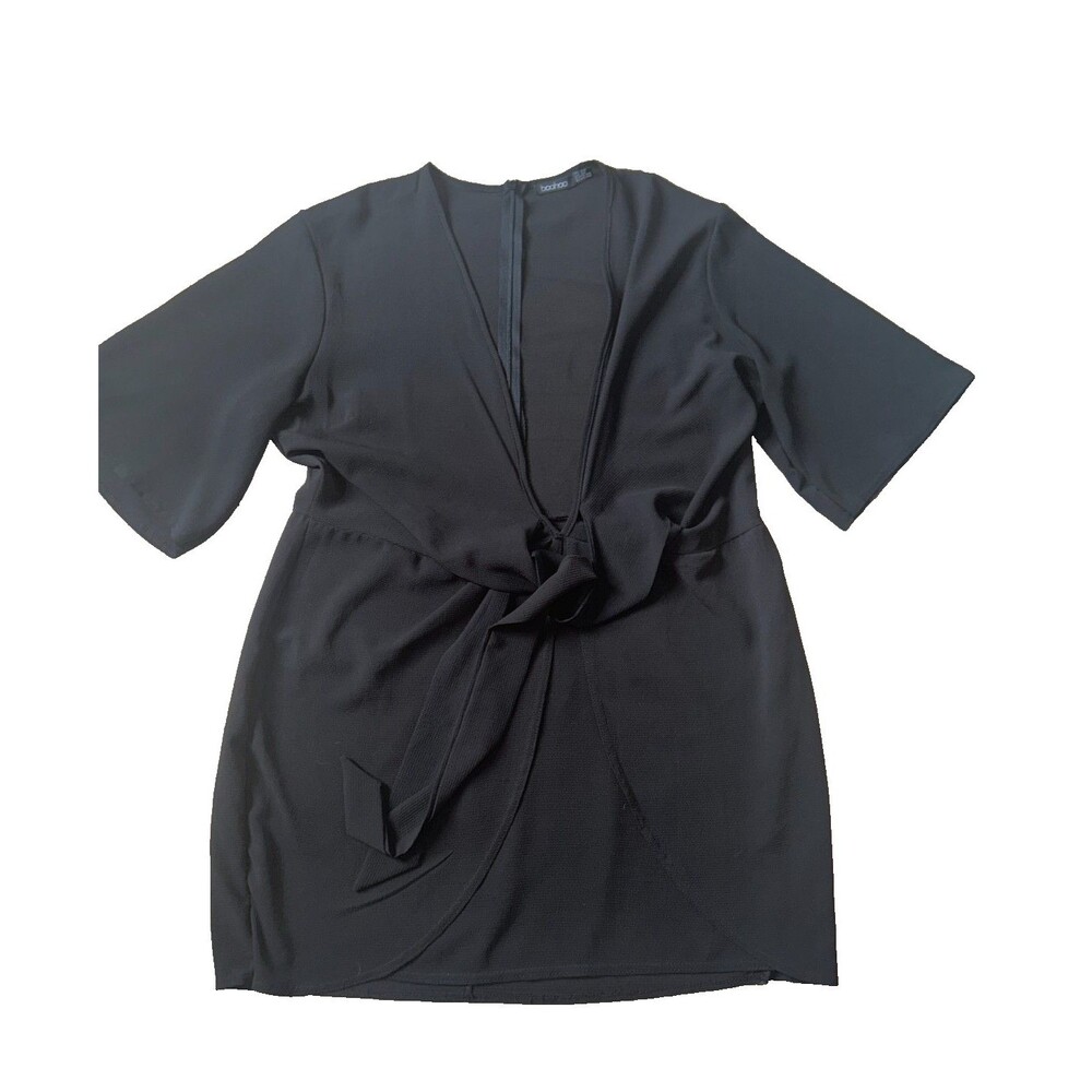 Women's BooHoo Black V-neck Textured Tie Front Short Sleeve Mini Dress Size 16
